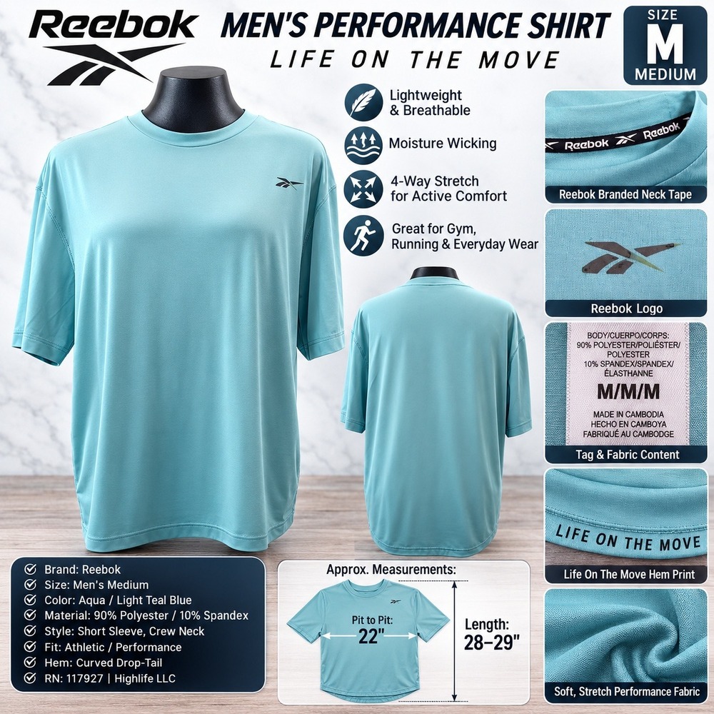 Reebok Mens Performance Shirt Medium Aqua Teal Blue Moisture Wicking Tee